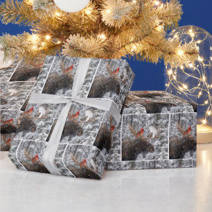 Christmas Red Cardinal On Snowy Moose Antlers Wrapping Paper