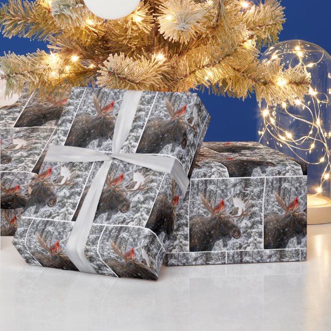 Christmas Red Cardinal On Snowy Moose Antlers Wrapping Paper (Holidays)