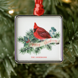 Christmas Red Cardinal Pine Berry Name Metal Tree Decoration