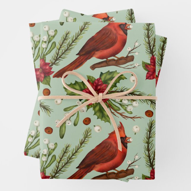 Christmas Red Cardinal, Poinsettia, Berries  Wrapping Paper Sheet (In situ)