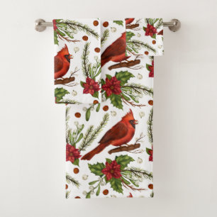 Christmas Red Cardinal Poinsettia Pine Watercolor Bath Towel Set