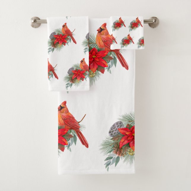 Christmas Red Cardinal Poinsettia Watercolor Bath Towel Set (Insitu)