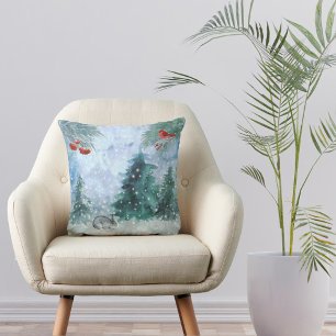 Christmas Red Cardinal Rabbit Landscape Watercolor Cushion