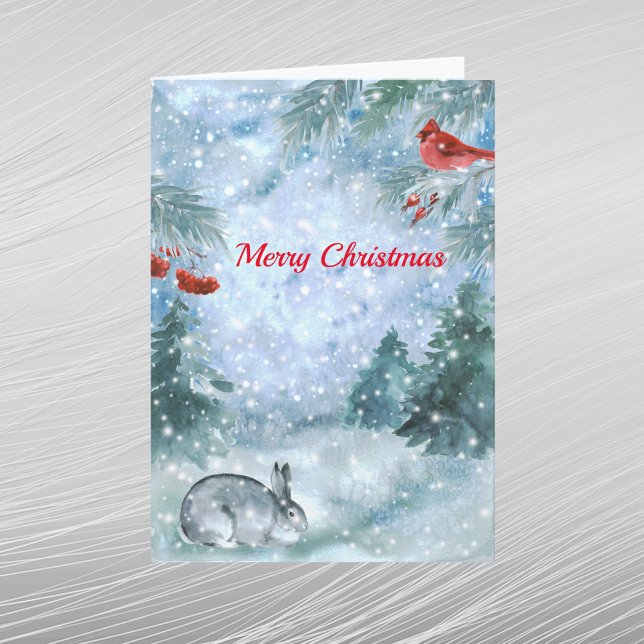 Christmas Red Cardinal Rabbit Landscape Watercolor Holiday Card (Creator Uploaded)