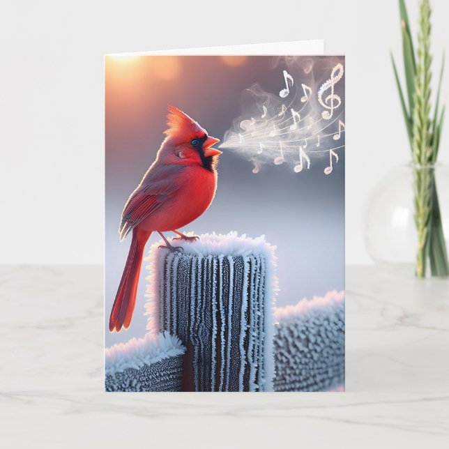 Christmas Red Cardinal Singing  Holiday Card (Front)