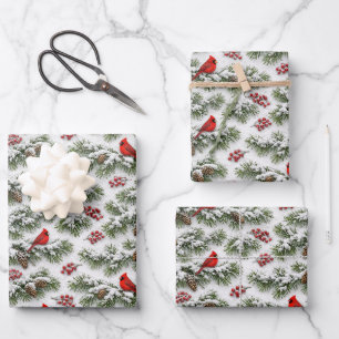 Christmas Red Cardinal Snowy Evergreen Wrapping Paper Sheet
