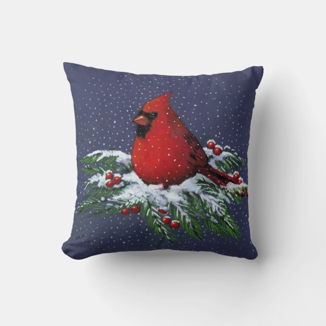 Christmas: Red Cardinal: Snowy Pine Branches: Art Cushion (Front)