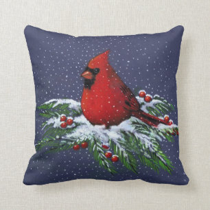 Christmas: Red Cardinal: Snowy Pine Branches: Art Cushion