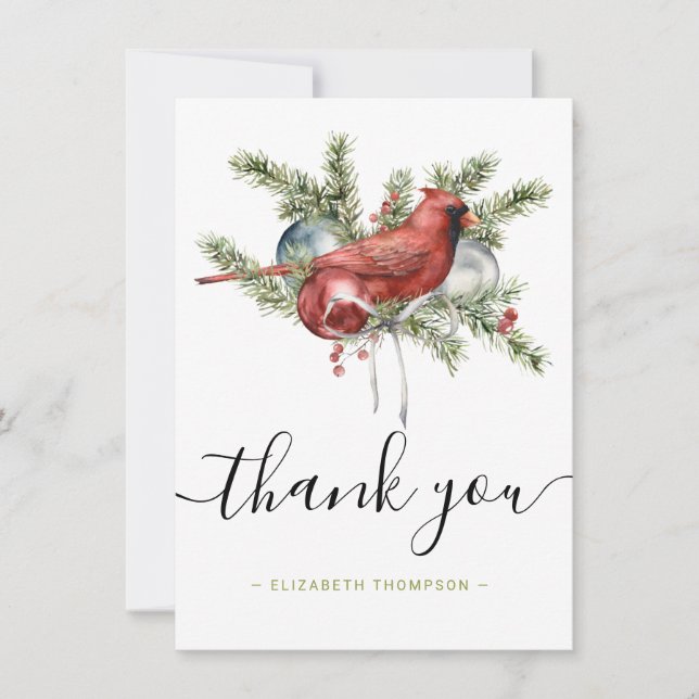 Christmas Red Cardinal Watercolor Custom Name Thank You Card (Front)