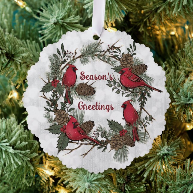 Christmas Red Cardinal Wreath Pine Boughs Tree Decoration Card (Insitu (Tree))
