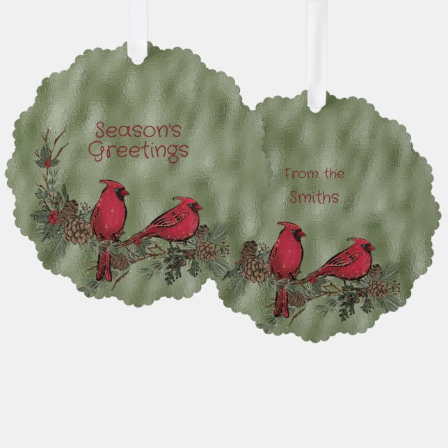 Christmas Red Cardinal Wreath Pine Boughs Tree Decoration Card (Front/Back)