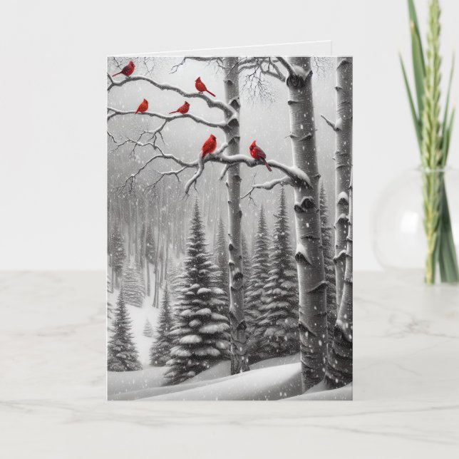 Christmas Red Cardinals In Winter Forest Holiday Card (Front)