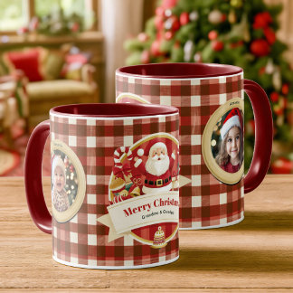 Christmas Red Checks Santa Family Photos Custom Mug
