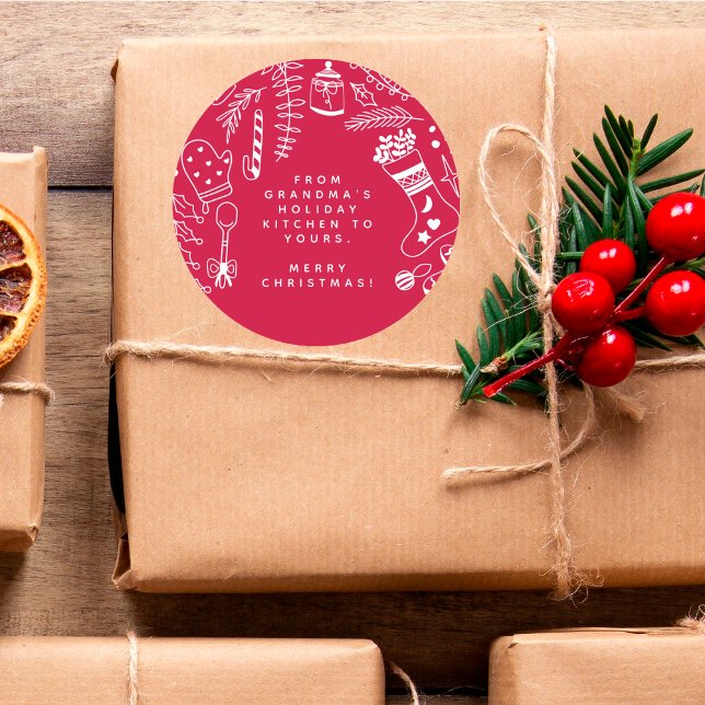 Christmas Red Cheer Holiday Baking Hand Drawn Classic Round Sticker (Creator Uploaded)