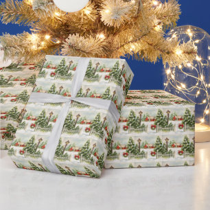 Christmas Red Cottage Lantern Pine Trees   Wrapping Paper