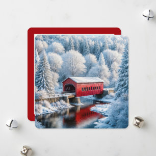 Christmas Red Covered Bridge In Winter Forest Holiday Card