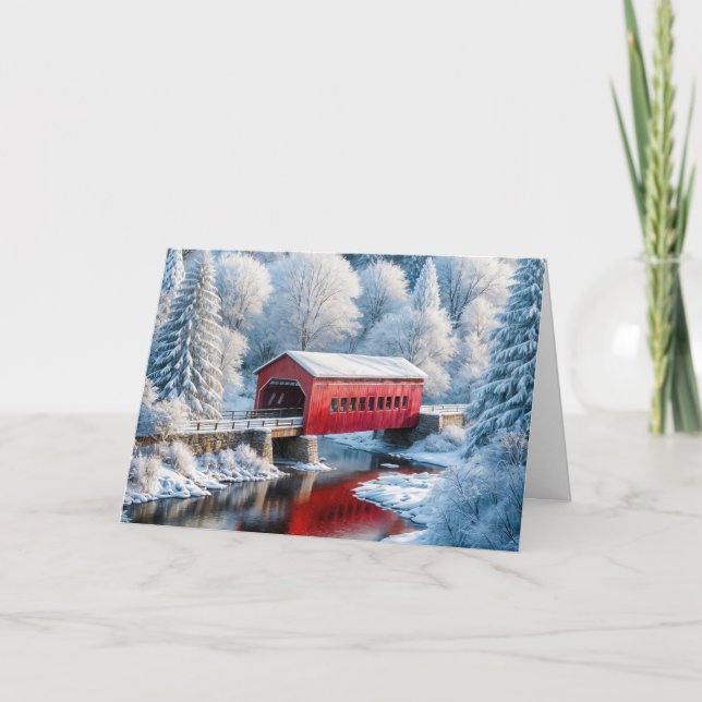 Christmas Red Covered Bridge In Winter Forest Holiday Card (Front)