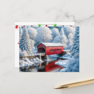 Christmas Red Covered Bridge In Winter Forest Holiday Postcard