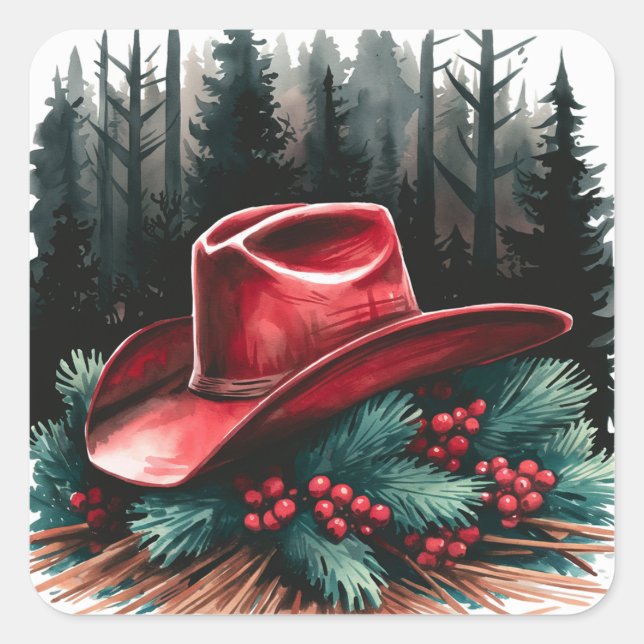 Christmas Red Cowboy Hat with Red Berries Square Sticker (Front)