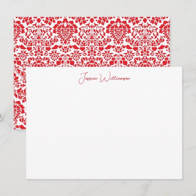 Christmas Red Damask Personalised Name Stationery Card (Front/Back)