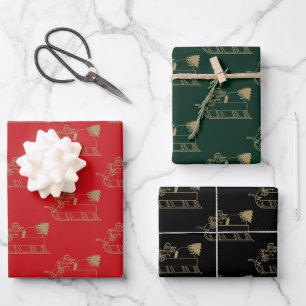 Christmas red dark green black gold Santa sled  Wrapping Paper Sheet
