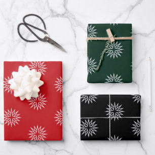 Christmas red dark green black stars snowflakes wrapping paper sheet