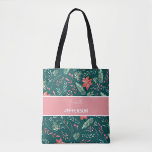 Christmas Red  Dark Green Flowers Monogram  Tote Bag
