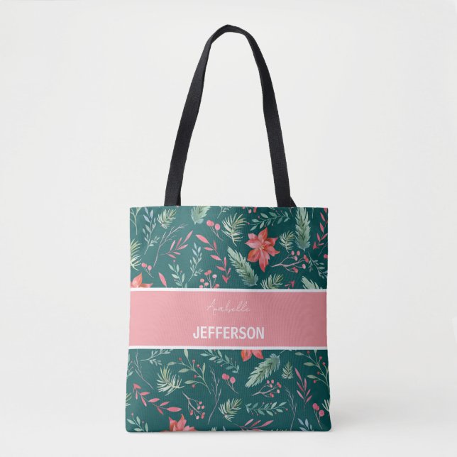 Christmas Red  Dark Green Flowers Monogram  Tote Bag (Front)