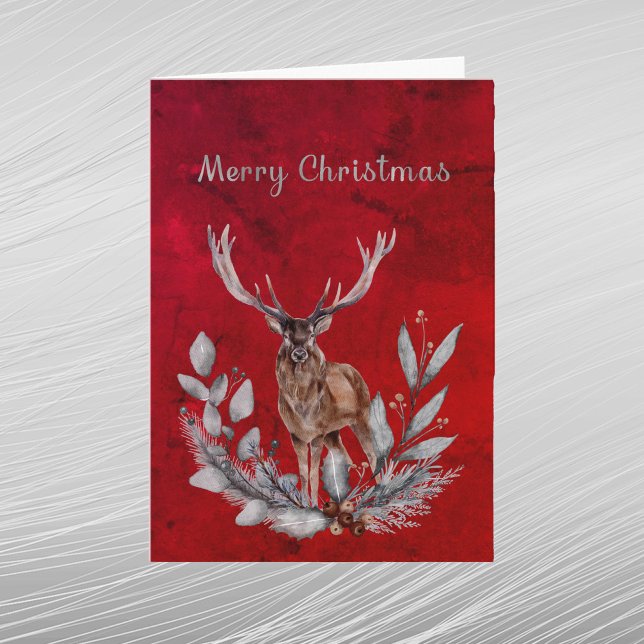Christmas Red Deer Buck Floral Watercolor Holiday Card (Creator Uploaded)