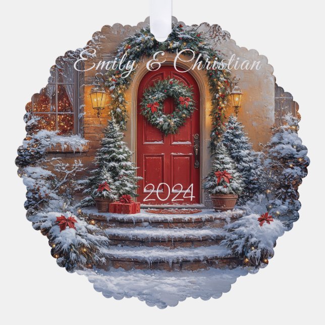 Christmas Red Door Wreath Lights Tree Decoration Card (Front)