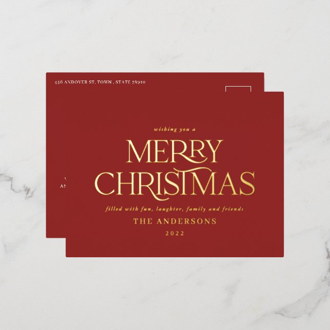 Christmas red elegant minimal modern typography foil holiday postcard (Front/Back)