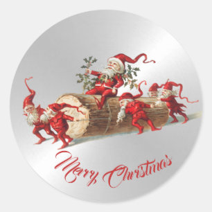 Christmas Red Elves Beautiful Silver Classic Round Sticker