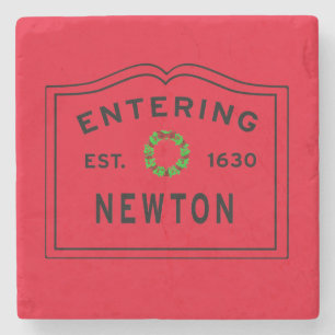 Christmas Red, Entering Newton, MA Holiday Stone Coaster