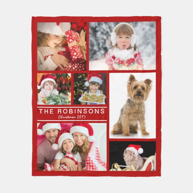 Christmas Red Family Photo Collage DYI Template Fleece Blanket (Front)