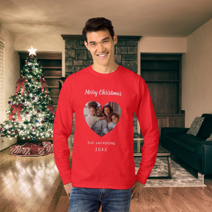 Christmas red family photo heart name dad T-Shirt