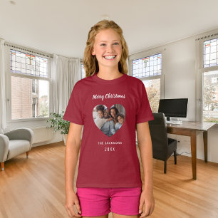 Christmas red family photo heart name girl T-Shirt