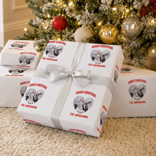 Christmas red family photo heart name wrapping paper