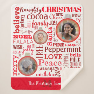 Christmas Red Family Photo Monogram Sherpa Blanket