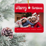 Christmas red family photo names modern ceramic ornament<br><div class="desc">White text: Merry Christmas,  written with a trendy style script. Personalise and use your own photo and names. A classic red background.</div>