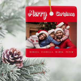 Christmas red family photo names modern ceramic ornament