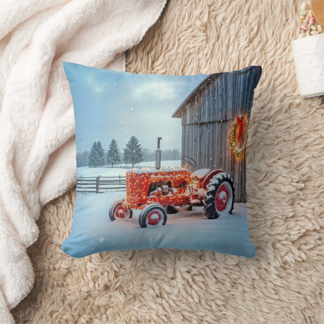 Christmas Red Farm Tractor In Snow Cushion (Blanket)