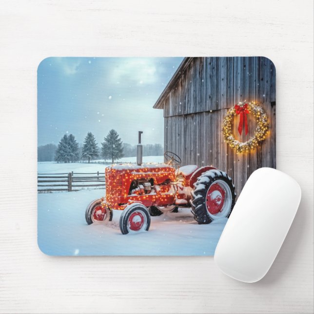 Christmas Red Farm Tractor In Snow Mouse Mat (With Mouse)
