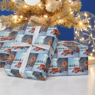 Christmas Red Farm Tractor In Snow Wrapping Paper