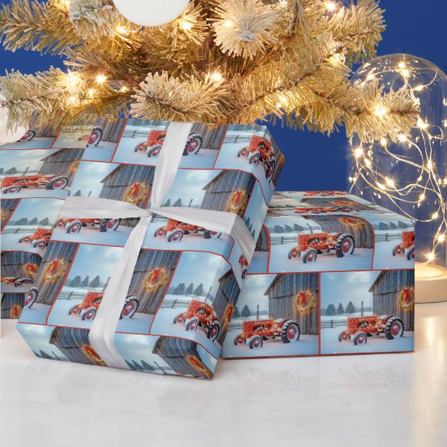 Christmas Red Farm Tractor In Snow Wrapping Paper (Holidays)