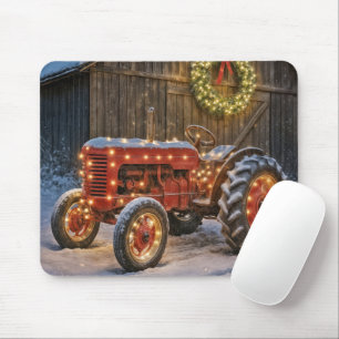 Christmas Red Farm Tractor With Glowing Wreath Mouse Mat