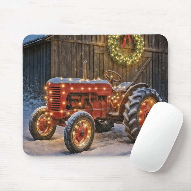Christmas Red Farm Tractor With Glowing Wreath Mouse Mat (With Mouse)