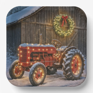 Christmas Red Farm Tractor With Glowing Wreath Paper Plate