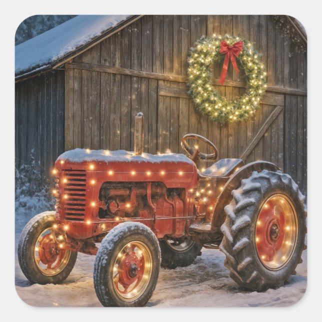 Christmas Red Farm Tractor With Glowing Wreath Square Sticker (Front)