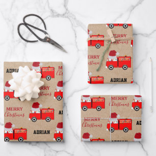 Christmas Red Fire Truck Custom Name Kraft Wrapping Paper Sheet