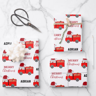Christmas Red Fire Truck Custom Name Wrapping Paper Sheet